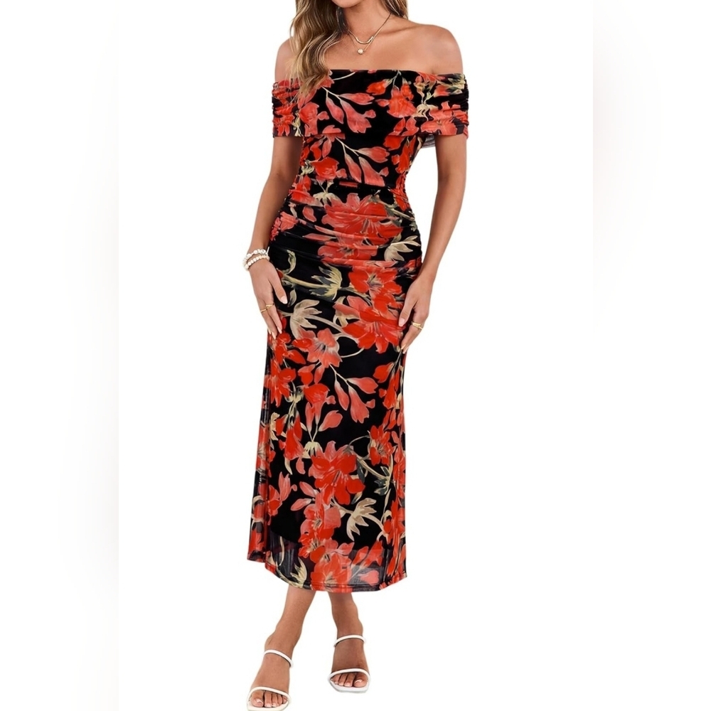 Off Shoulder Floral Maxi Dress Bodycon Ruched Elegant L - Picture 3 of 4